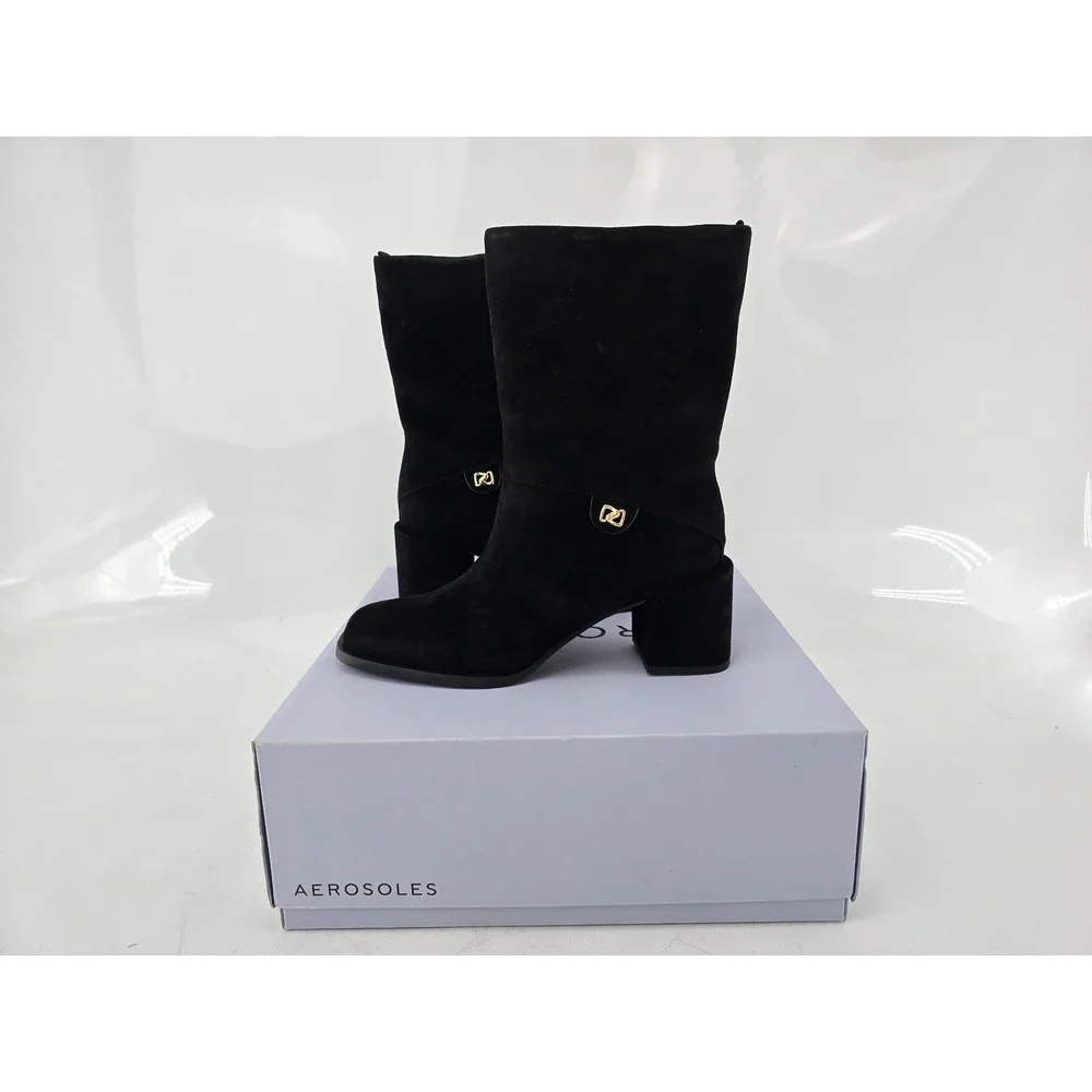 Aerosoles Oro Mid-Calf Boots Womens 8M Black Suede Block Heel -New